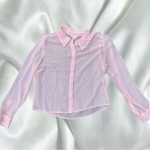 Y2k baby pink sheer collared button down blouse with pearl detailing